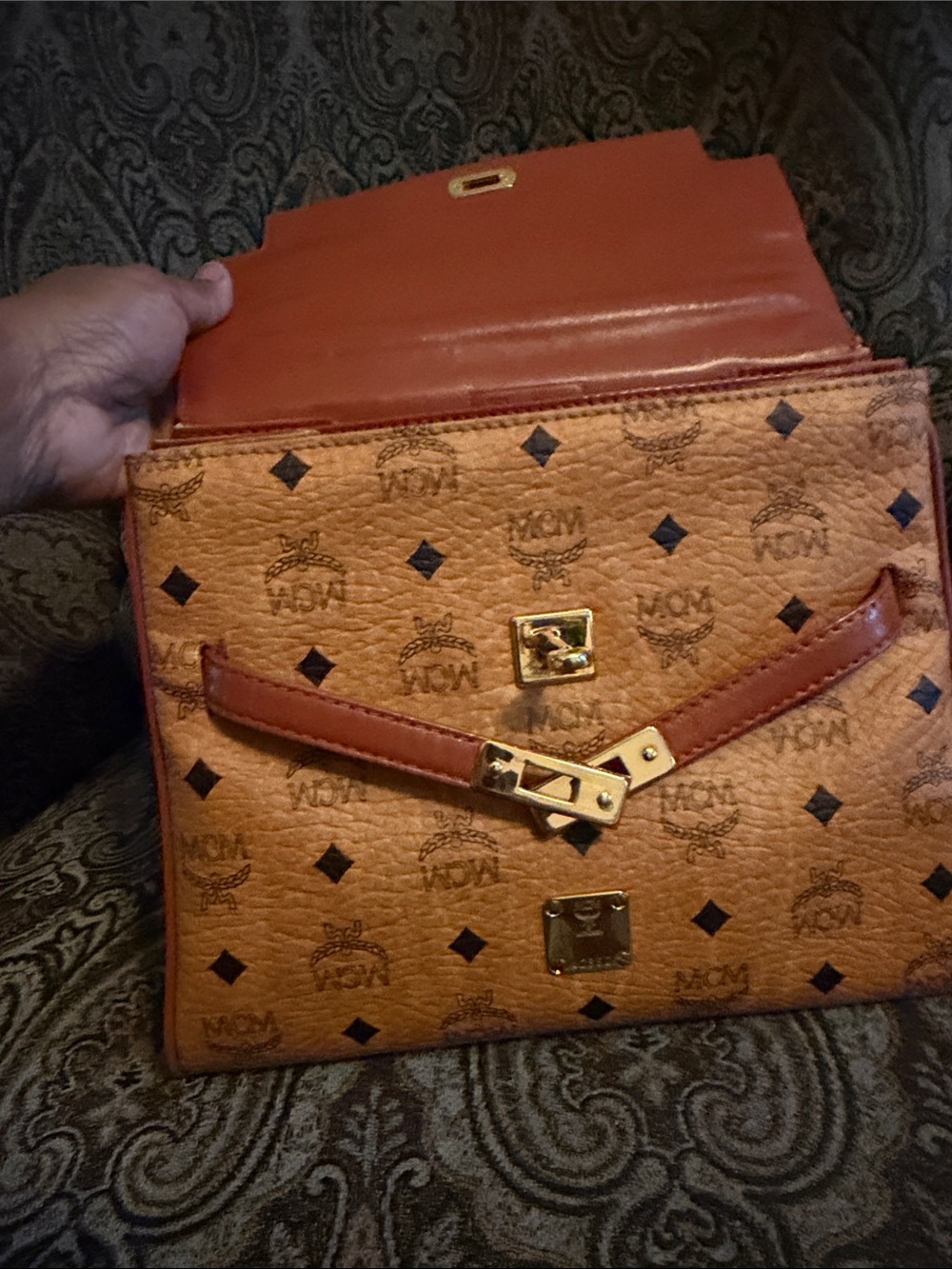 MCM Cognac Logo Visetos Top Handle Satchel with Gold Hardware - Picture 9 of 11